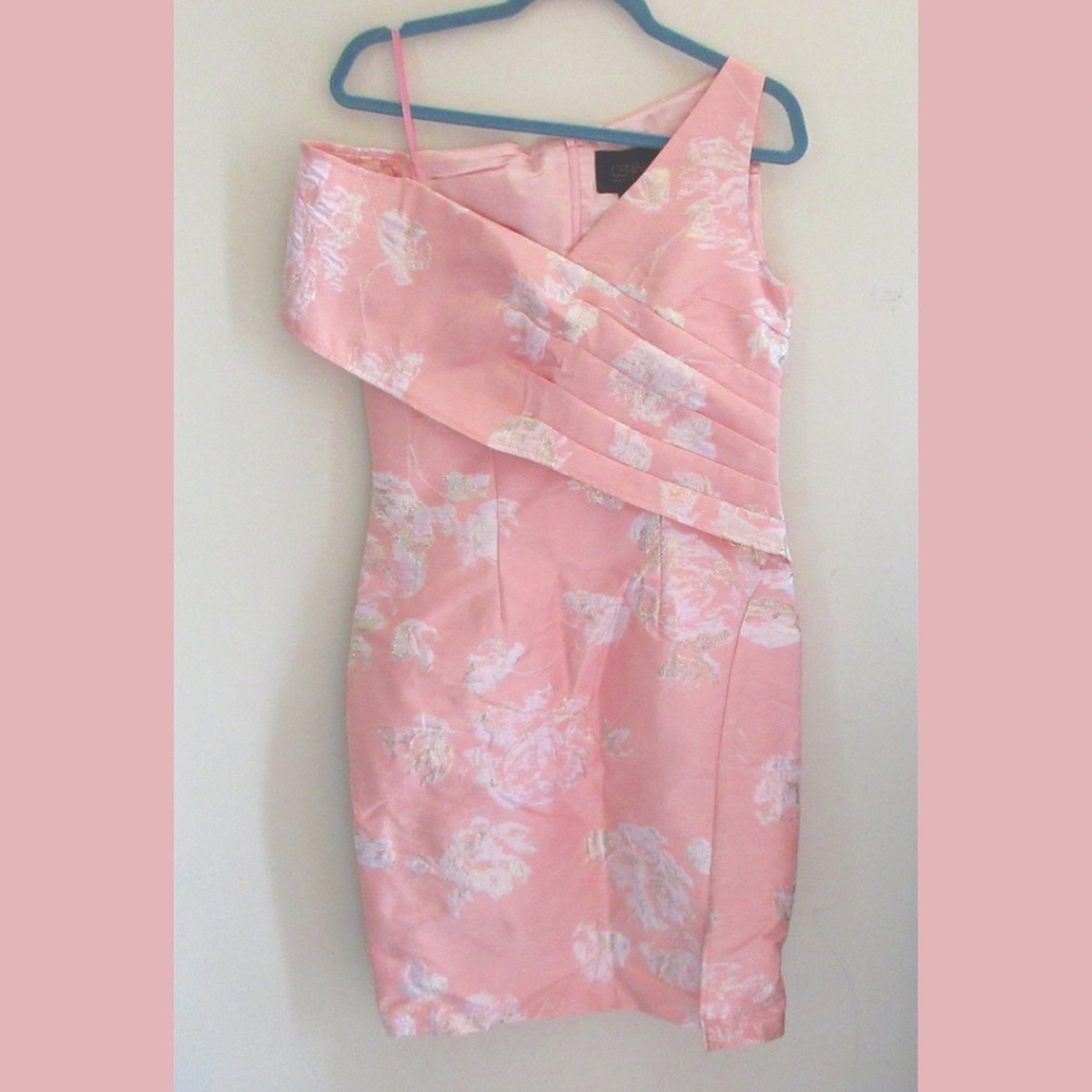 Cenia pink roses dress; off the shoulder; size 6; polyester, nylon, lurex